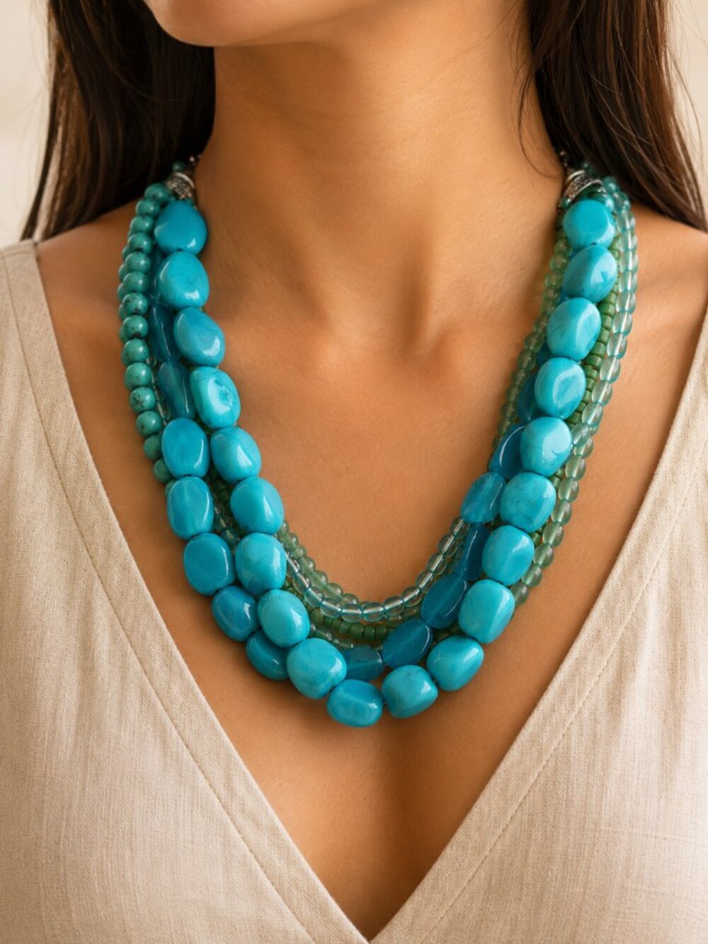 Turquoise Tone Multi Strand Statement Necklace 8.5" Drop Boho Beaded Necklace